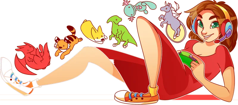 Reclining character with a headset and her creatures, artwork by Bebeness